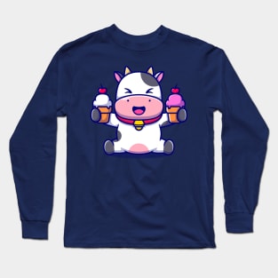 Cute Cow Holding Ice Cream Cartoon Long Sleeve T-Shirt